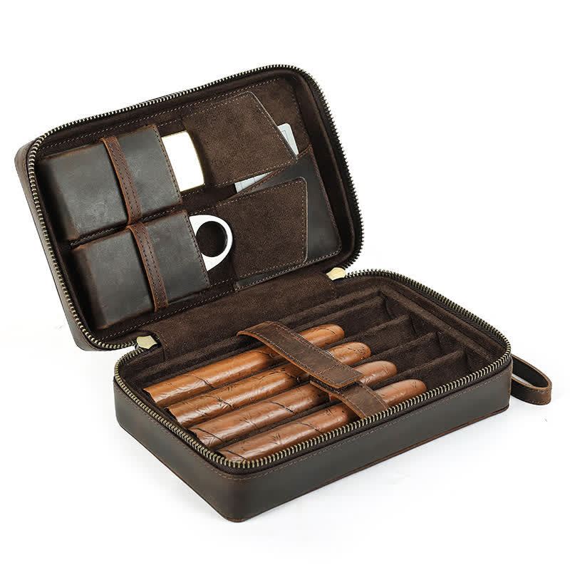 Étui à cigares en cuir de vachette Crazy Horse avec fermeture éclair (pour quatre cigares)