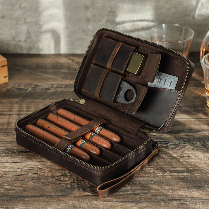 Étui à cigares en cuir de vachette Crazy Horse avec fermeture éclair (pour quatre cigares)