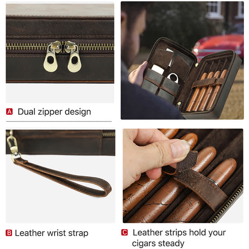 Étui à cigares en cuir de vachette Crazy Horse avec fermeture éclair (pour quatre cigares)