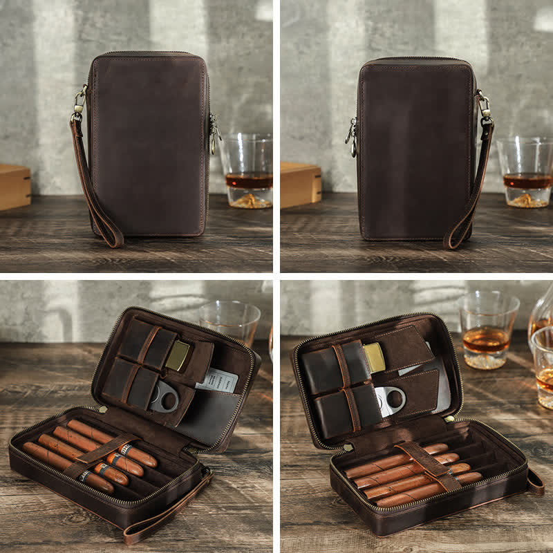 Étui à cigares en cuir de vachette Crazy Horse avec fermeture éclair (pour quatre cigares)