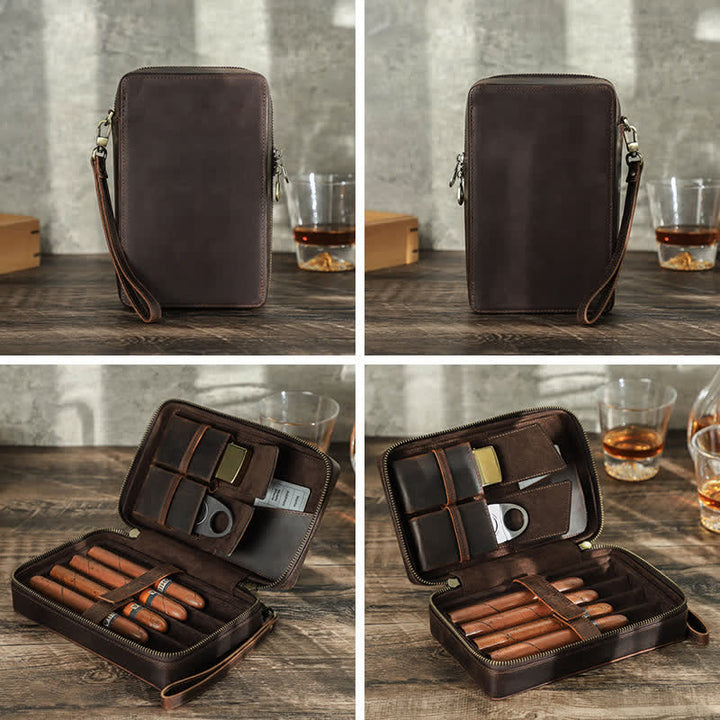 Étui à cigares en cuir de vachette Crazy Horse avec fermeture éclair (pour quatre cigares)