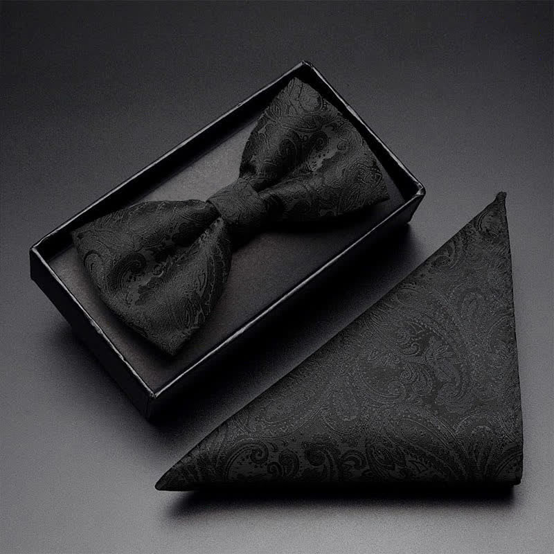 Ensemble de 3 pièces pour homme : nœud papillon, corsage de poche et motif cachemire noir - Plaine - Nœud papillon + mouchoir - image 2