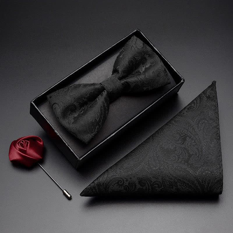 Ensemble de 3 pièces pour homme : nœud papillon, corsage de poche et motif cachemire noir - Plaine - Nœud papillon + Mouchoir + Corsage - image 0