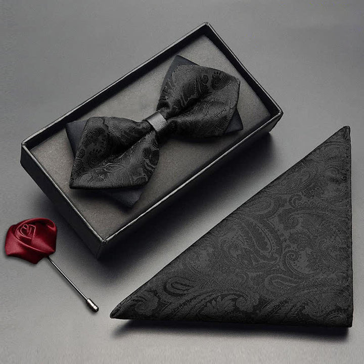 Ensemble de 3 pièces pour homme : nœud papillon, corsage de poche et motif cachemire noir - Pointu à double couche - Nœud papillon + Mouchoir + Corsage - image 4