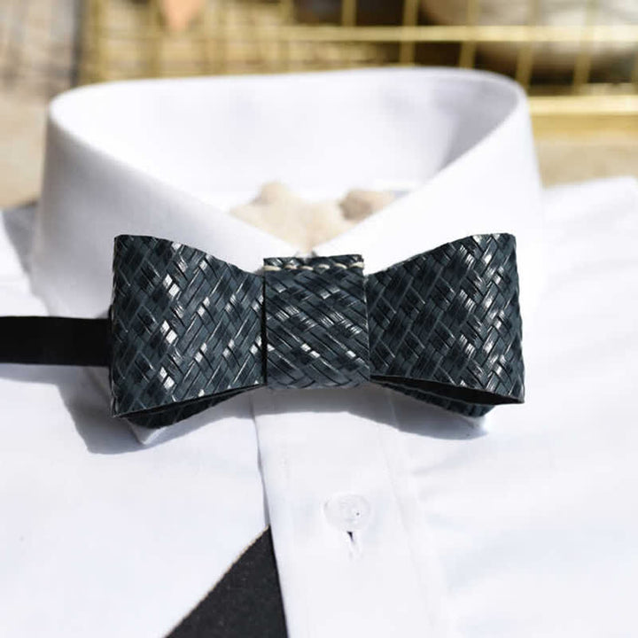 Nœud papillon en cuir véritable à motif tissé noir pour homme