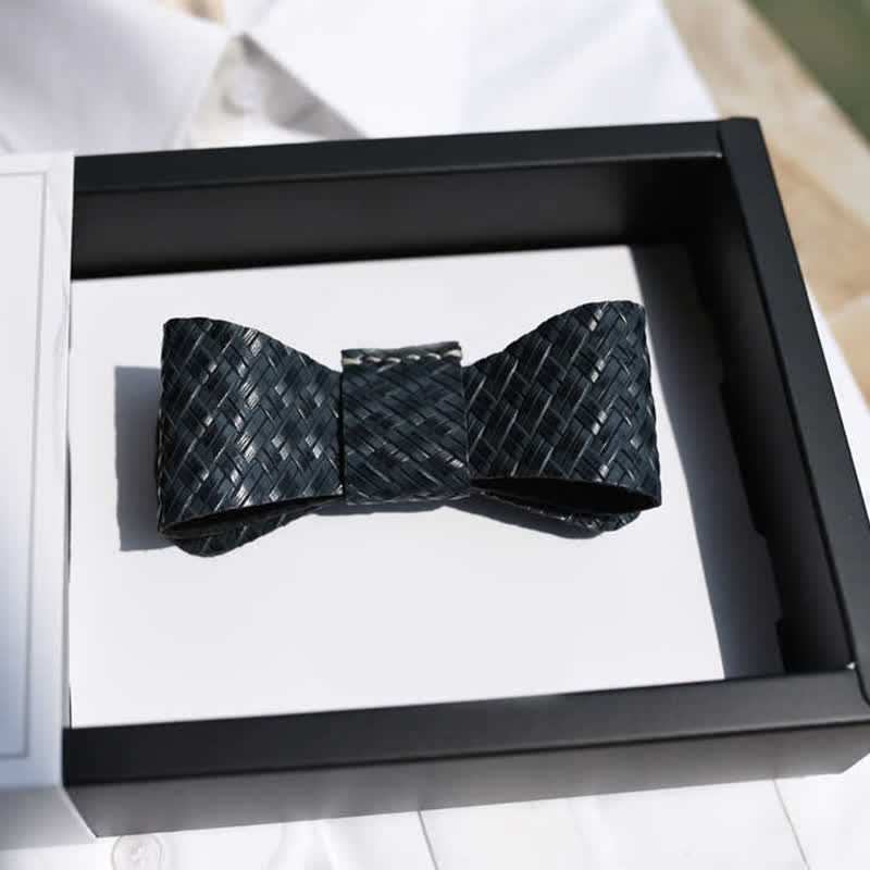 Nœud papillon en cuir véritable à motif tissé noir pour homme