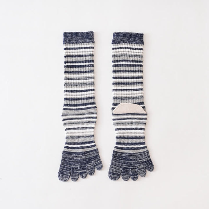 Chaussettes mi-mollet confortables à cinq doigts pour hommes, à rayures colorées