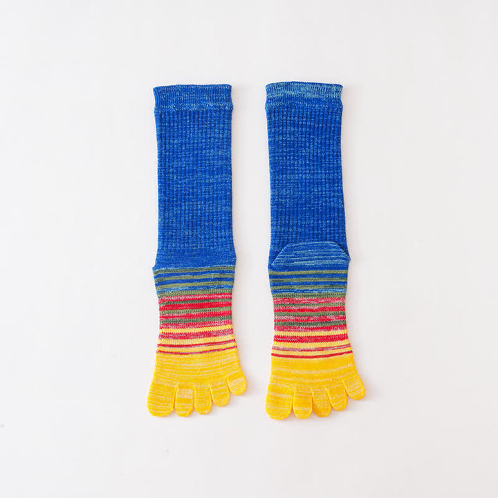 Chaussettes mi-mollet confortables à cinq doigts pour hommes, à rayures colorées
