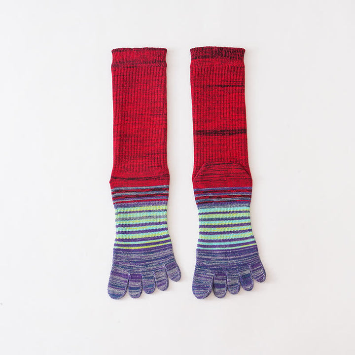 Chaussettes mi-mollet confortables à cinq doigts pour hommes, à rayures colorées