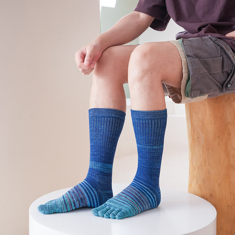 Chaussettes mi-mollet confortables à cinq doigts pour hommes, à rayures colorées