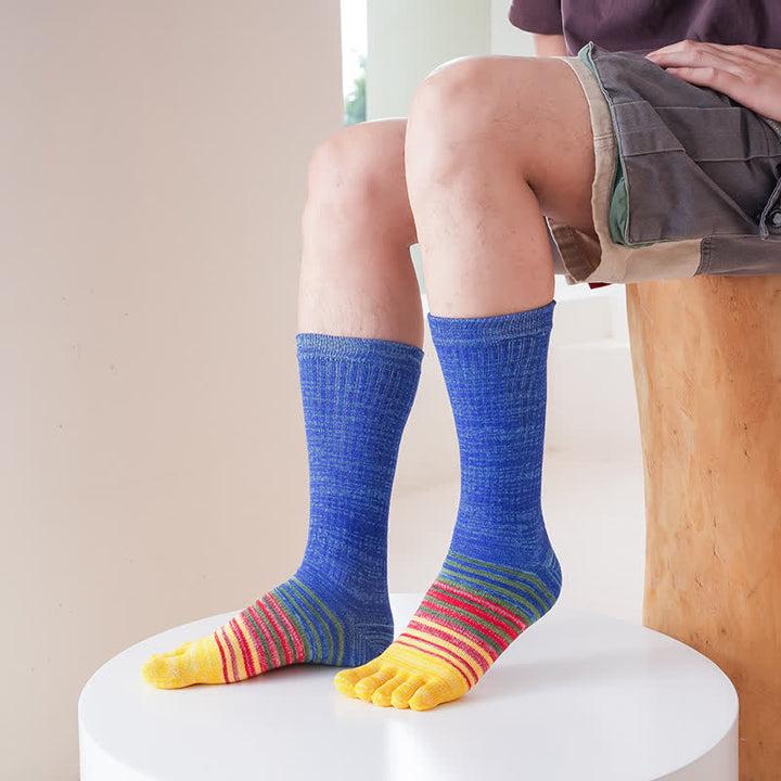 Chaussettes mi-mollet confortables à cinq doigts pour hommes, à rayures colorées
