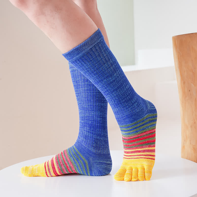 Chaussettes mi-mollet confortables à cinq doigts pour hommes, à rayures colorées