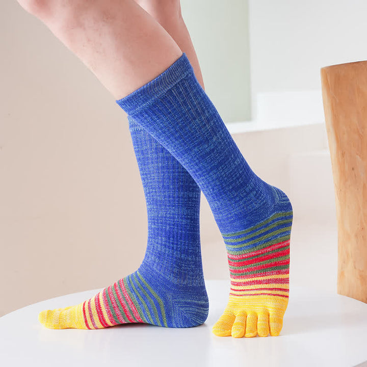 Chaussettes mi-mollet confortables à cinq doigts pour hommes, à rayures colorées