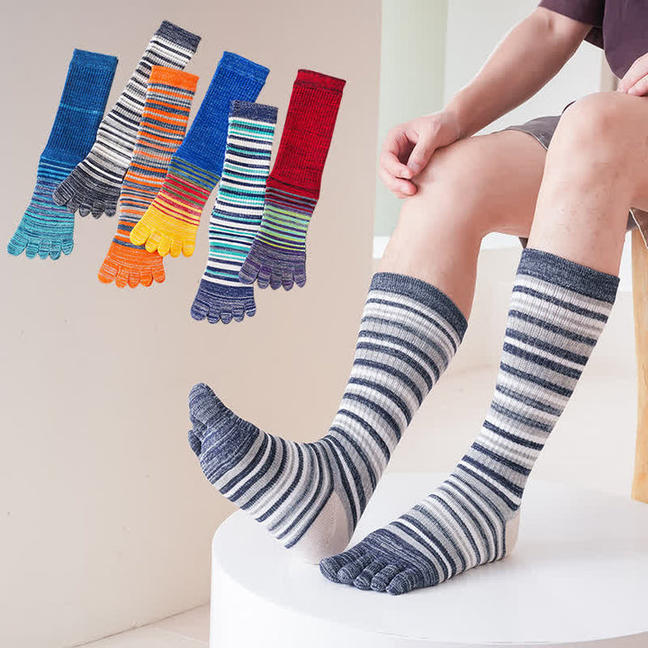 Chaussettes mi-mollet confortables à cinq doigts pour hommes, à rayures colorées