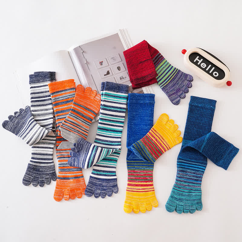 Chaussettes mi-mollet confortables à cinq doigts pour hommes, à rayures colorées