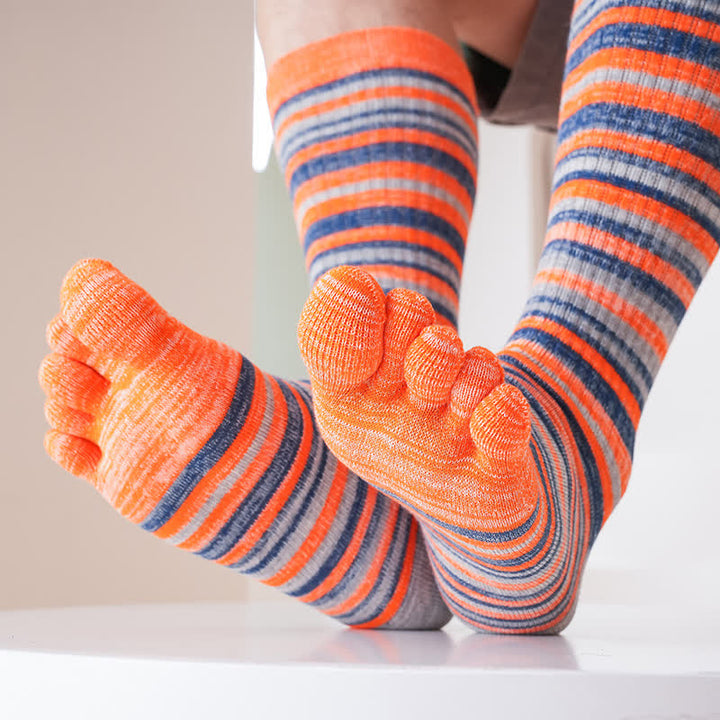 Chaussettes mi-mollet confortables à cinq doigts pour hommes, à rayures colorées