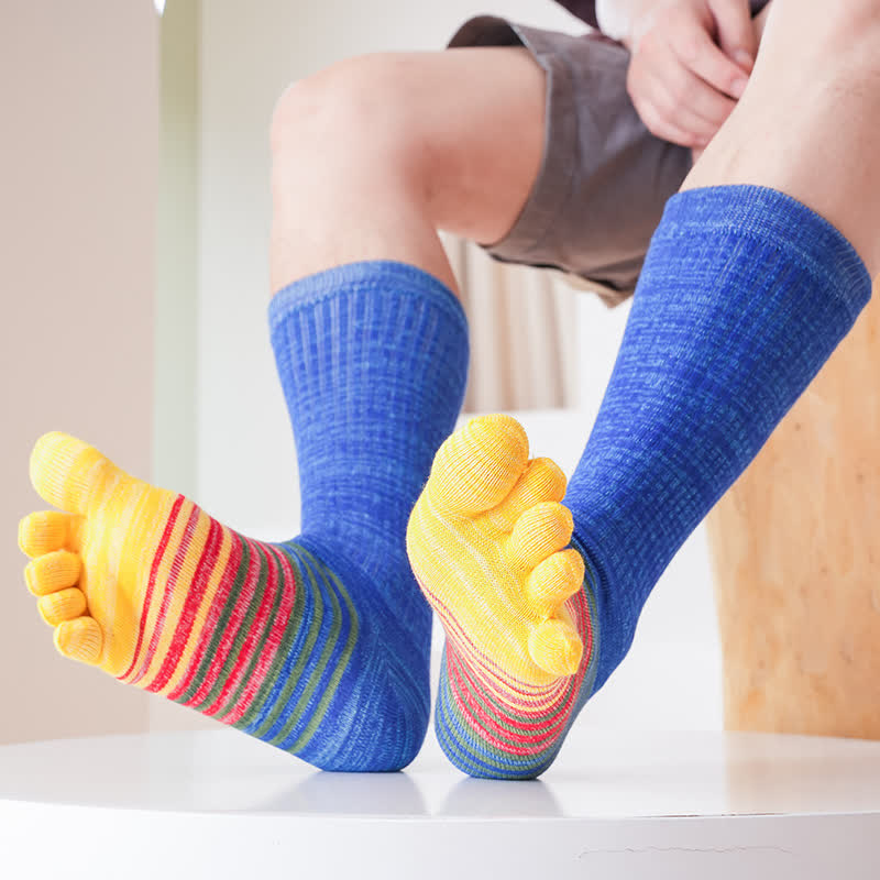 Chaussettes mi-mollet confortables à cinq doigts pour hommes, à rayures colorées