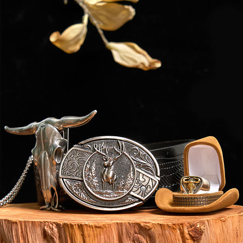 Ensemble de boucles de ceinture, couteau caché, pendentif taureau à longues cornes, cerf, DIY - Cerf - Ceinture noire avec aigle en relief - 42 - image 0