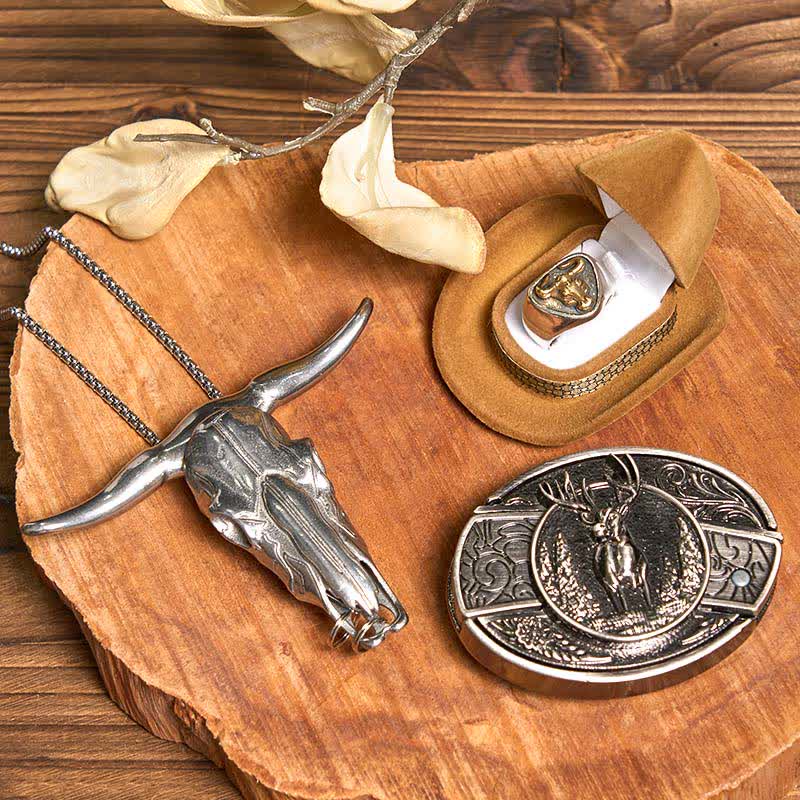 Ensemble de boucles de ceinture, couteau caché, pendentif taureau à longues cornes, cerf, DIY
