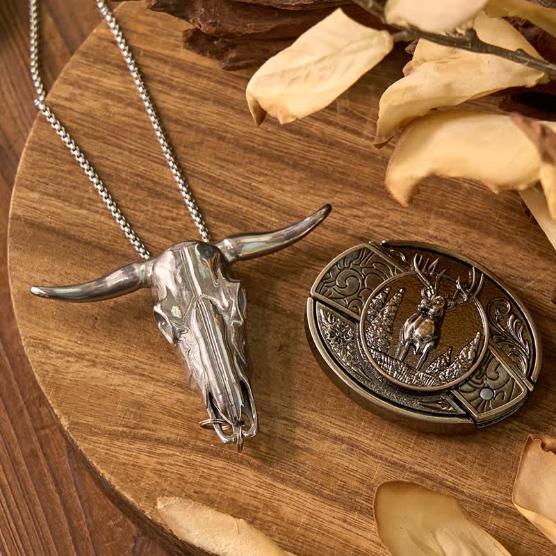 Ensemble de boucles de ceinture, couteau caché, pendentif taureau à longues cornes, cerf, DIY