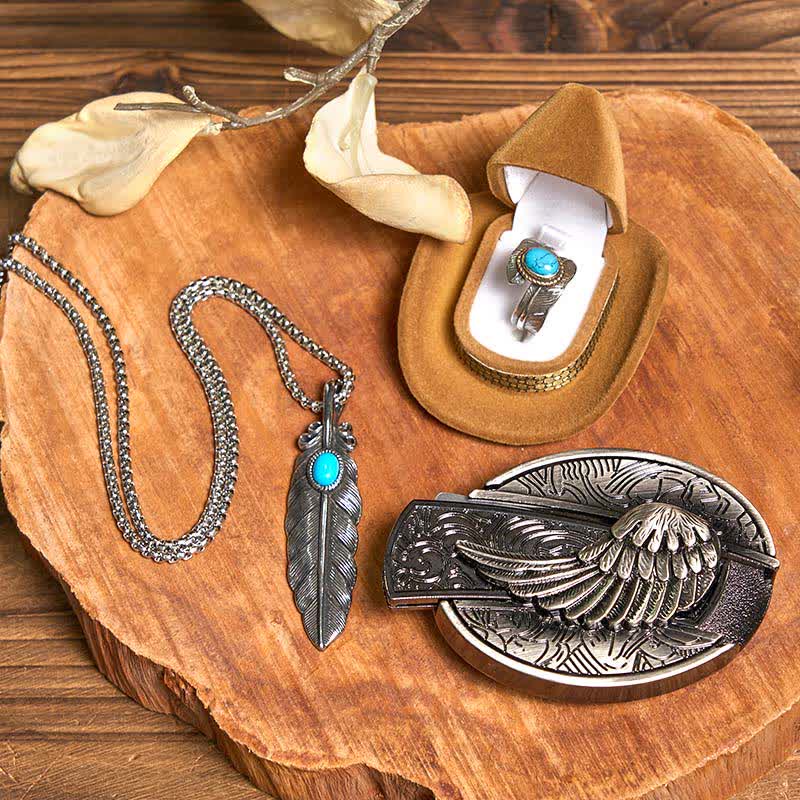 Ensemble collier et bague avec couteau caché à aile d'ange, boucle de ceinture et pendentif en forme de plume turquoise - Ailes - Sans ceinture - Ceinture non incluse - image 1