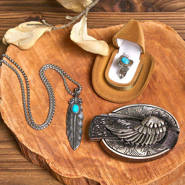 Ensemble de boucles de ceinture, collier et bagues en plumes turquoises, couteau caché à faire soi-même