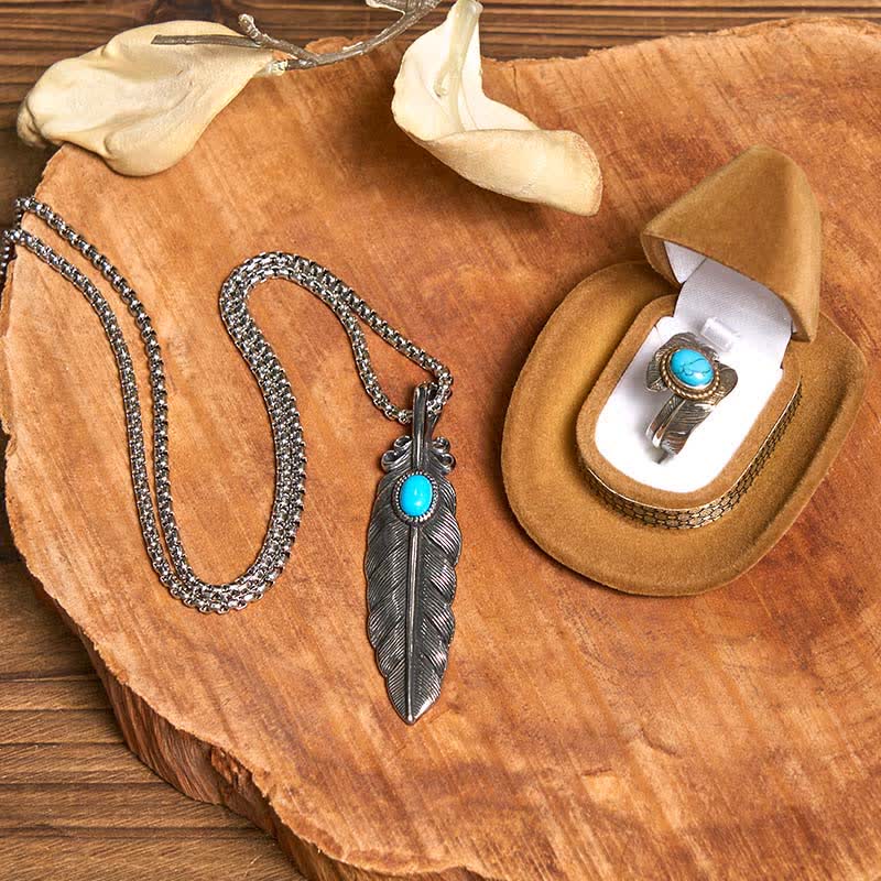 Ensemble collier et bague avec couteau caché à aile d'ange, boucle de ceinture et pendentif en forme de plume turquoise - image 3