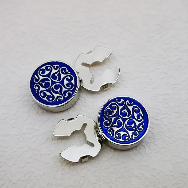 Lot de 1 paire de couvre-boutons à pression pour hommes, motif floral bleu - Argent - image 0