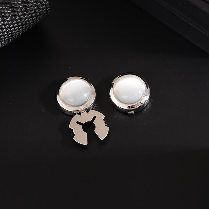 Ensemble de boutons de manchette à pression pour homme, 1 paire, avec pierre œil de chat - Blanc et argent - image 6