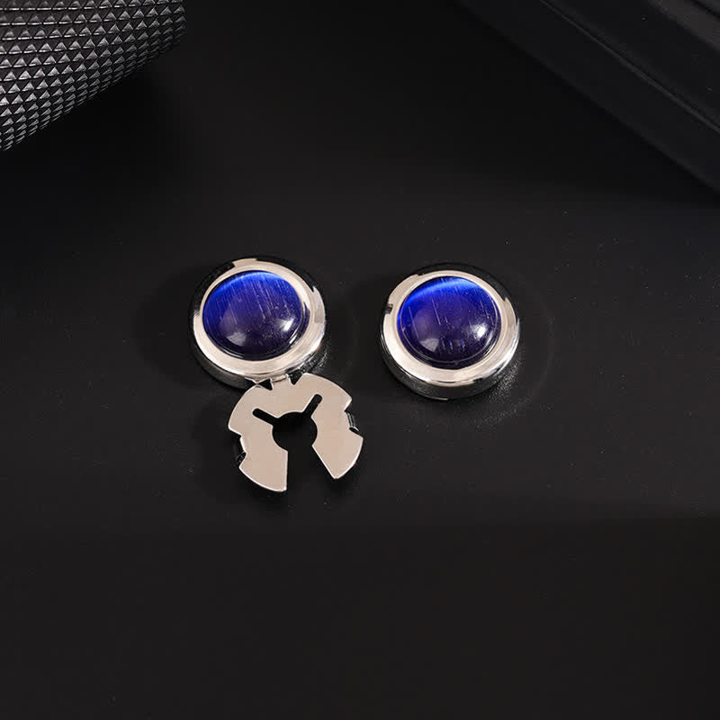 Ensemble de boutons de manchette à pression pour homme, 1 paire, avec pierre œil de chat - Bleu et argent - image 2