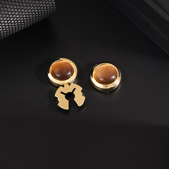 Ensemble de boutons de manchette à pression pour homme, 1 paire, avec pierre œil de chat - Café et Or - image 3