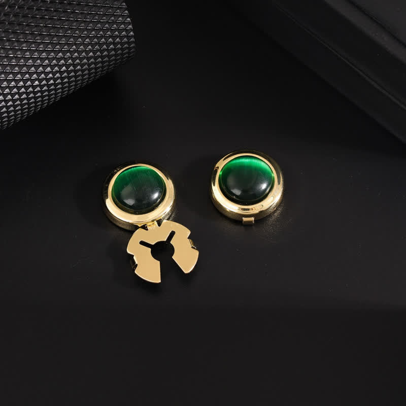 Ensemble de boutons de manchette à pression pour homme, 1 paire, avec pierre œil de chat - Vert et Or - image 9