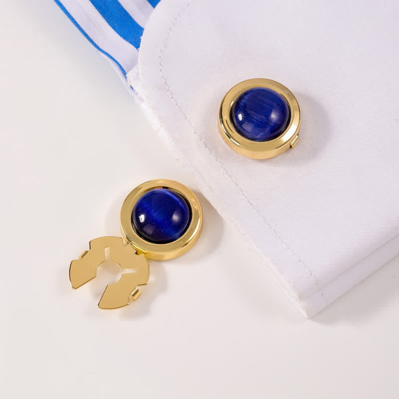 Ensemble de boutons de manchette à pression pour homme, 1 paire, avec pierre œil de chat - Bleu et Or - image 1