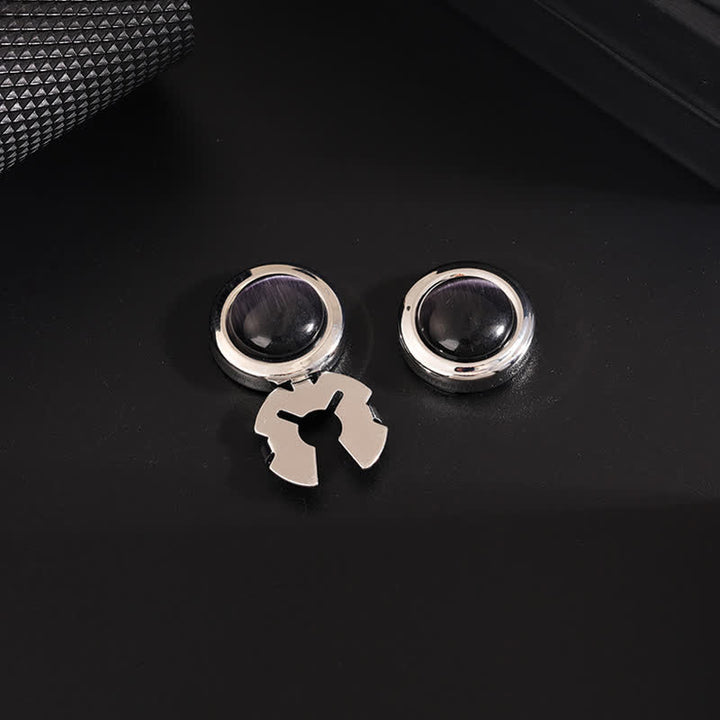 Ensemble de boutons de manchette à pression pour homme, 1 paire, avec pierre œil de chat - Noir et argent - image 8