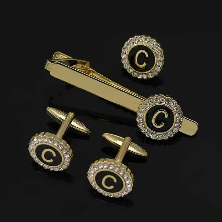 Lot de 3 boutons de manchette et pince à cravate en or avec 26 lettres majuscules pour homme