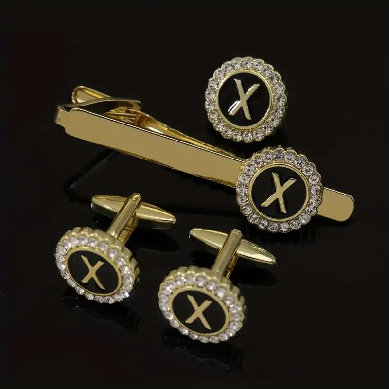 Lot de 3 boutons de manchette et pince à cravate en or avec 26 lettres majuscules pour homme