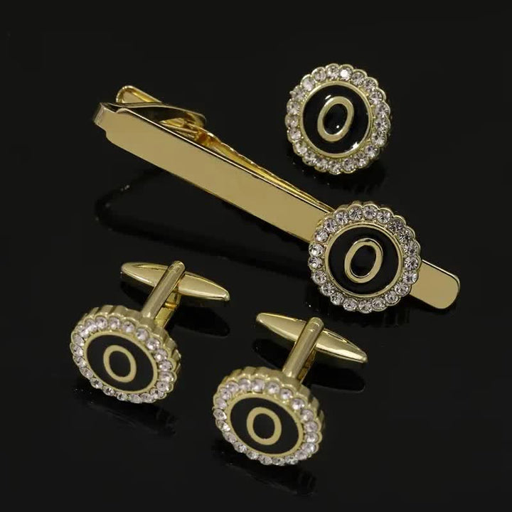 Lot de 3 boutons de manchette et pince à cravate en or avec 26 lettres majuscules pour homme