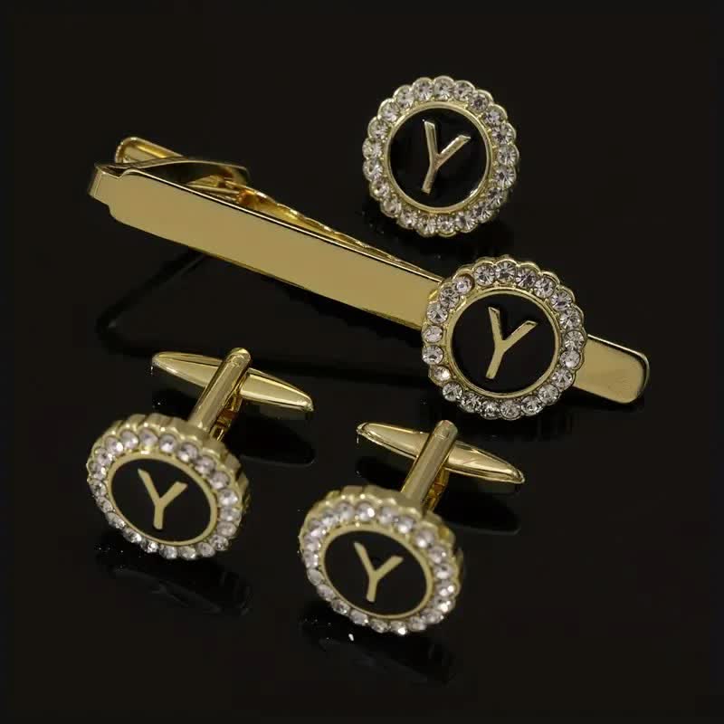 Lot de 3 boutons de manchette et pince à cravate en or avec 26 lettres majuscules pour homme