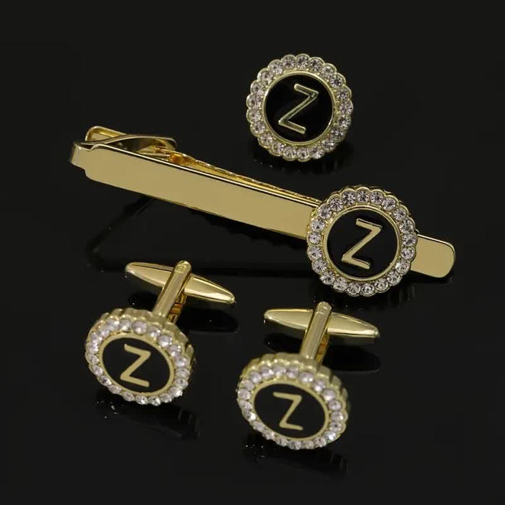 Lot de 3 boutons de manchette et pince à cravate en or avec 26 lettres majuscules pour homme