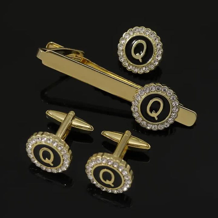 Lot de 3 boutons de manchette et pince à cravate en or avec 26 lettres majuscules pour homme