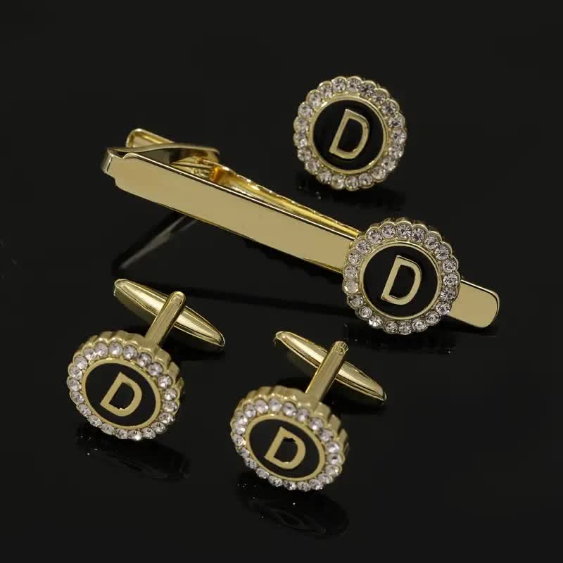 Lot de 3 boutons de manchette et pince à cravate en or avec 26 lettres majuscules pour homme - D - image 3