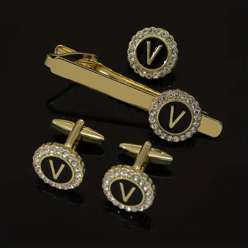 Lot de 3 boutons de manchette et pince à cravate en or avec 26 lettres majuscules pour homme