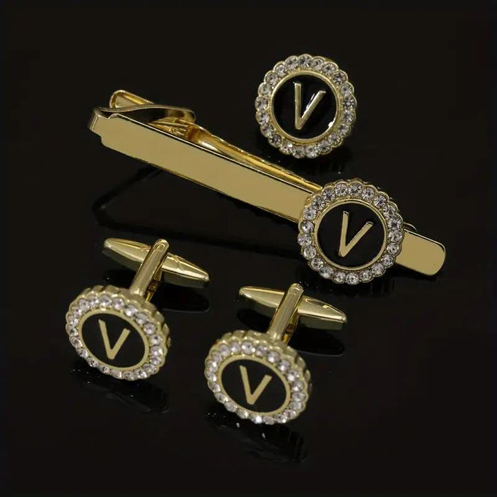 Lot de 3 boutons de manchette et pince à cravate en or avec 26 lettres majuscules pour homme