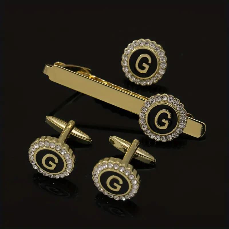 Lot de 3 boutons de manchette et pince à cravate en or avec 26 lettres majuscules pour homme