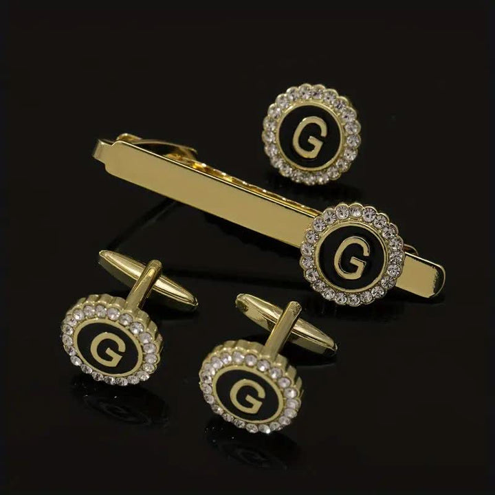 Lot de 3 boutons de manchette et pince à cravate en or avec 26 lettres majuscules pour homme