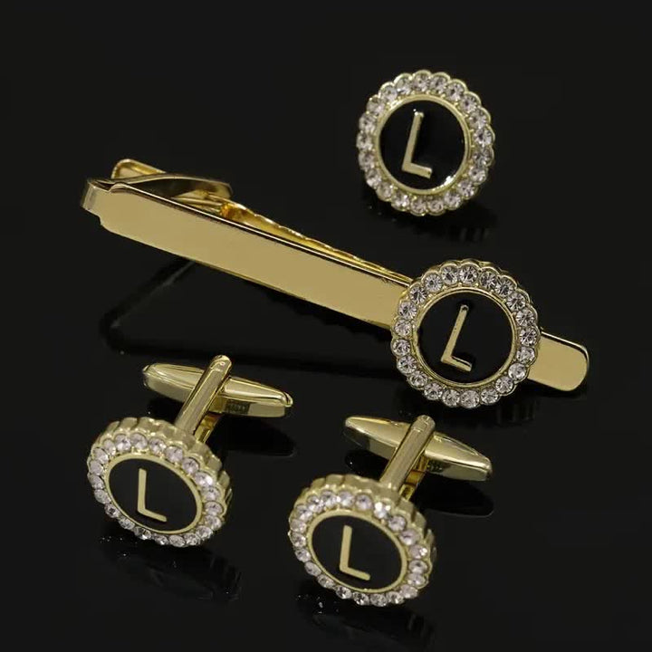 Lot de 3 boutons de manchette et pince à cravate en or avec 26 lettres majuscules pour homme