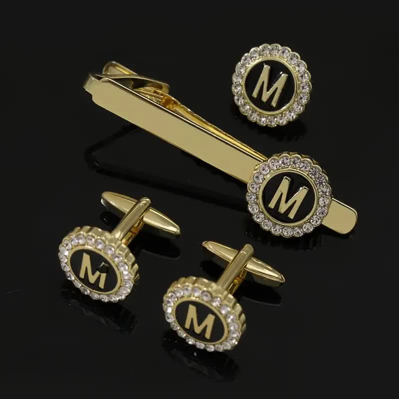 Lot de 3 boutons de manchette et pince à cravate en or avec 26 lettres majuscules pour homme