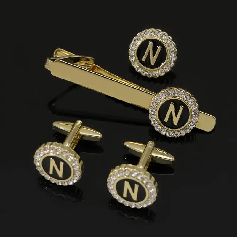 Lot de 3 boutons de manchette et pince à cravate en or avec 26 lettres majuscules pour homme - N - image 13