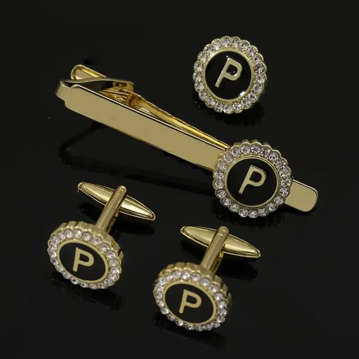 Lot de 3 boutons de manchette et pince à cravate en or avec 26 lettres majuscules pour homme