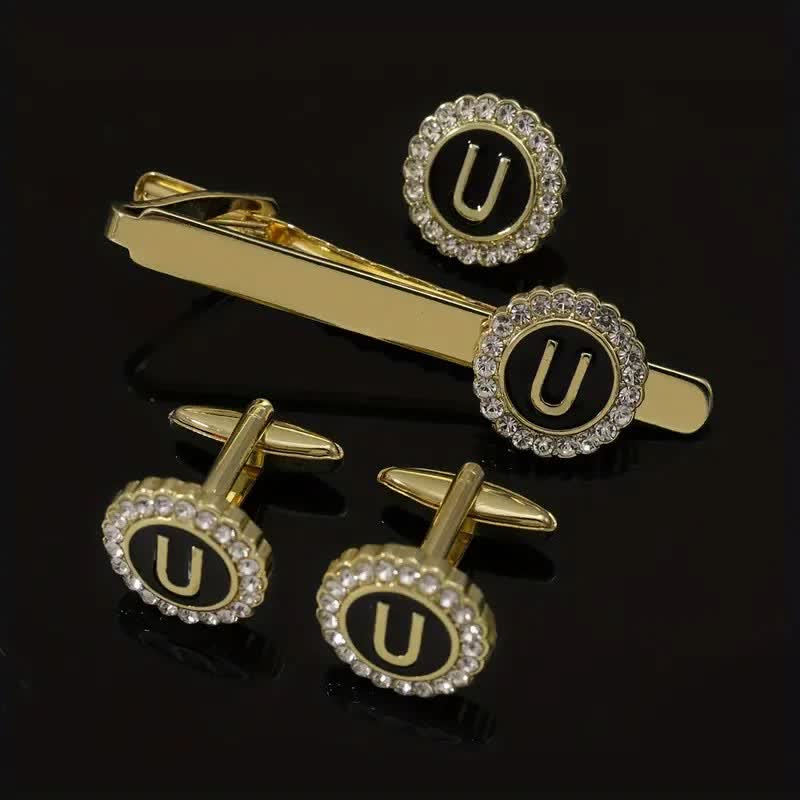 Lot de 3 boutons de manchette et pince à cravate en or avec 26 lettres majuscules pour homme